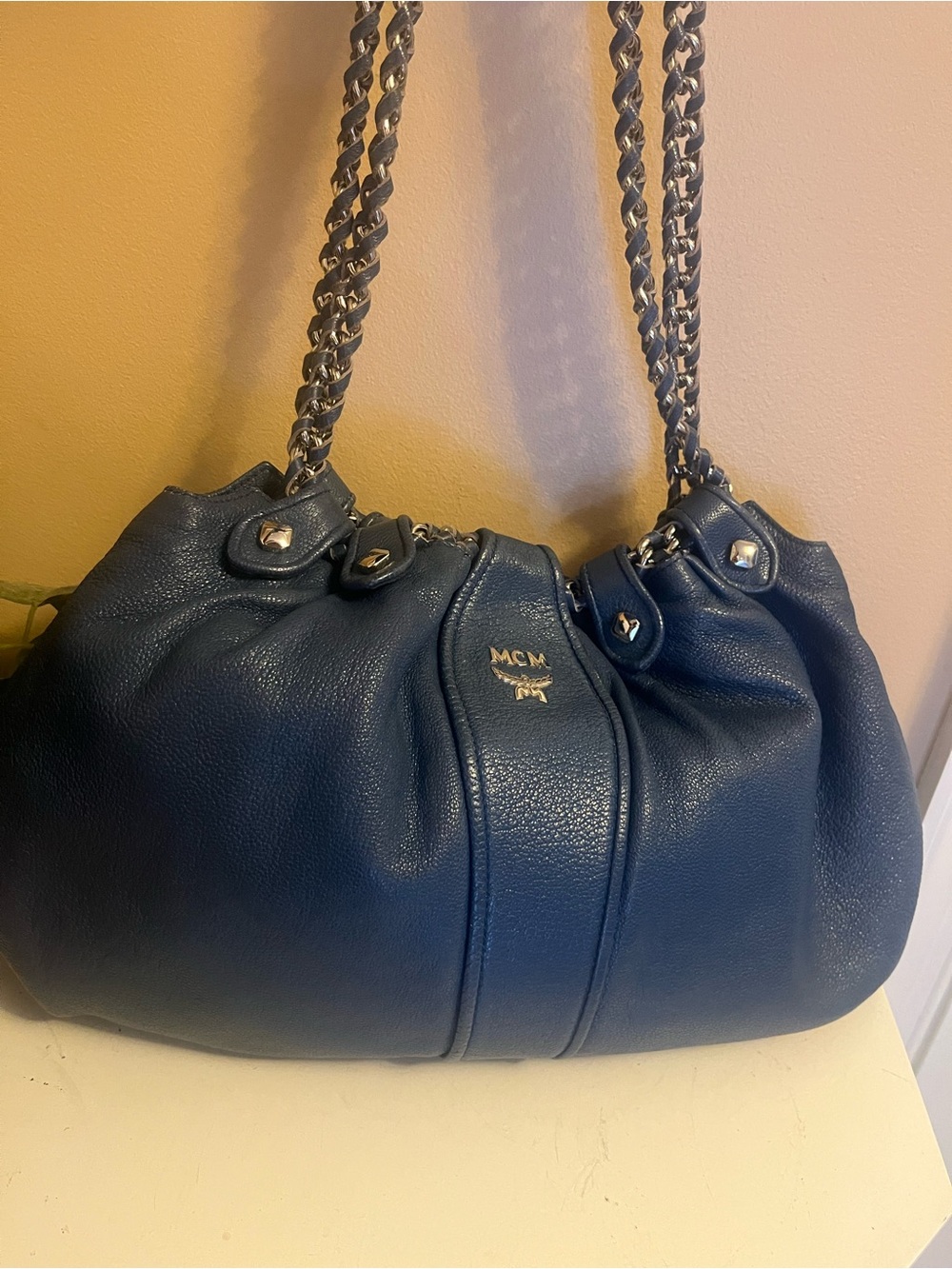 MCM Navy Blue Pebbled Leather Shoulder Bag with Chain Straps/Magnetic Closure
